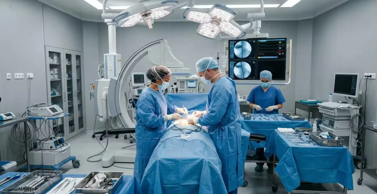 Équipe chirurgicale orthopédique en intervention dans un bloc opératoire moderne