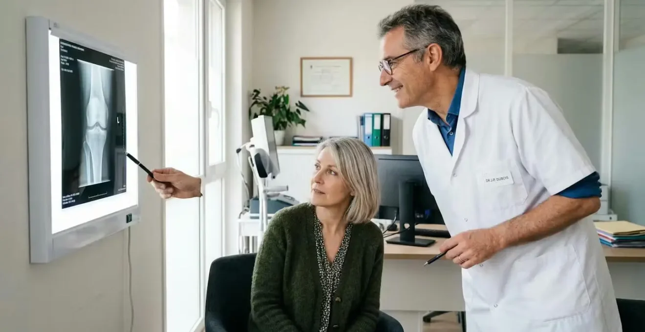 Chirurgien orthopédiste expliquant une radiographie du genou à une patiente lors d'une consultation à Nice