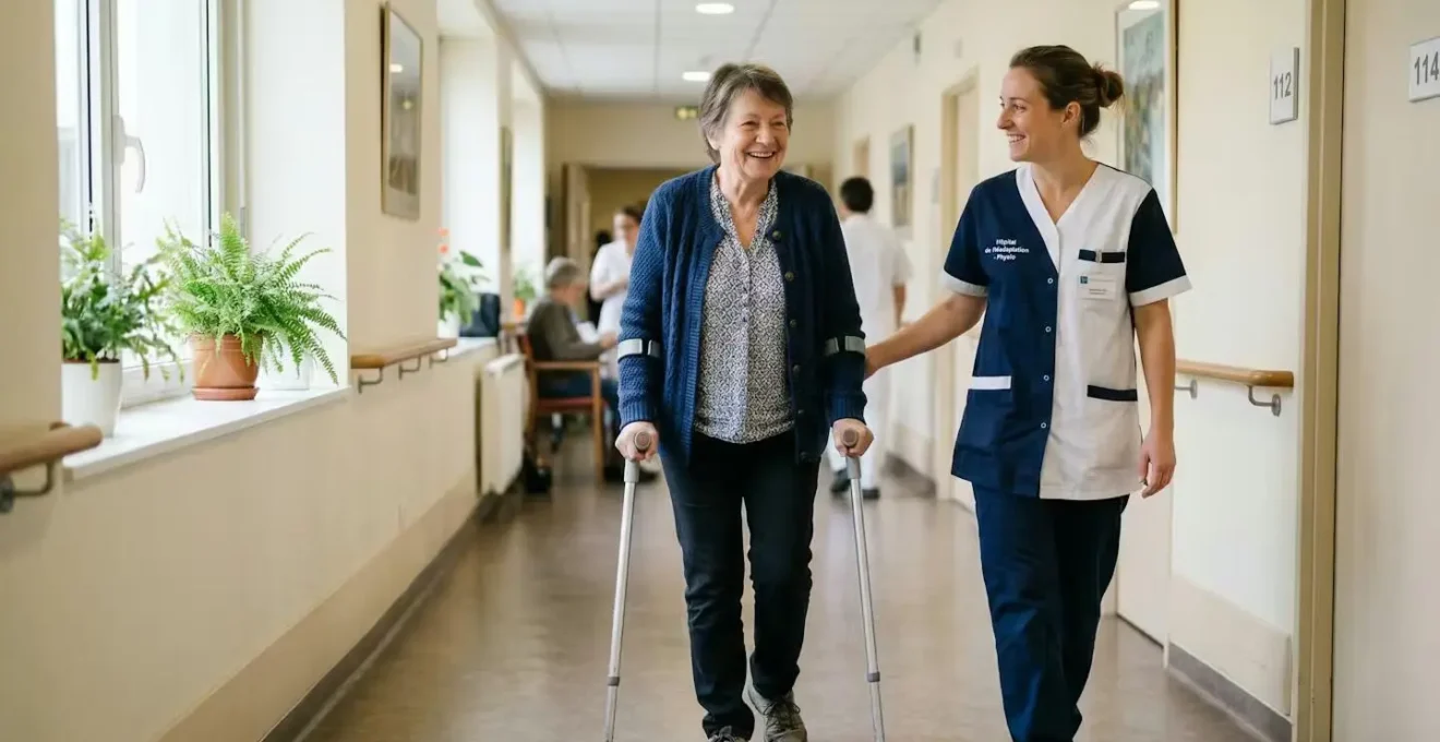 Patiente en rééducation post-opératoire marchant avec un kinésithérapeute dans une clinique